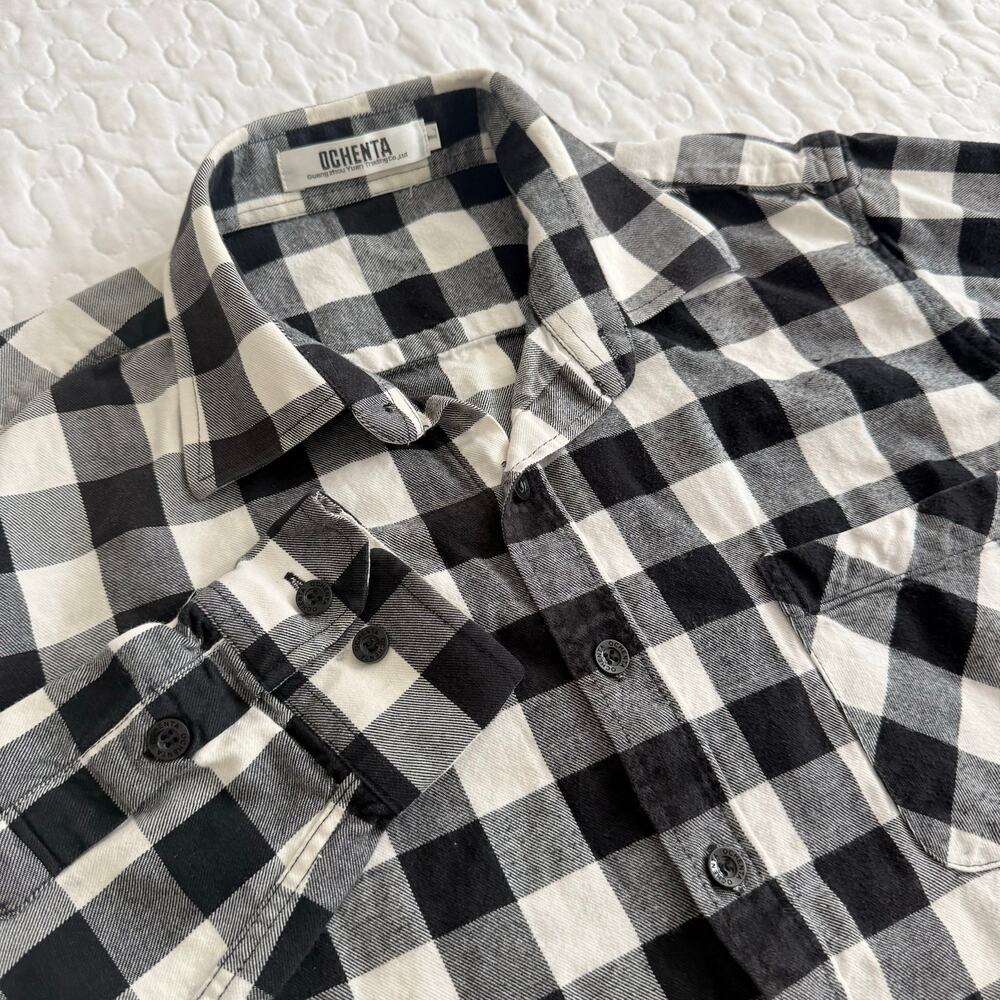 OCHENTA Flannel Shirt Mens Large BLACK & WHITE Plaid Everyday Wear Chest Pocket
